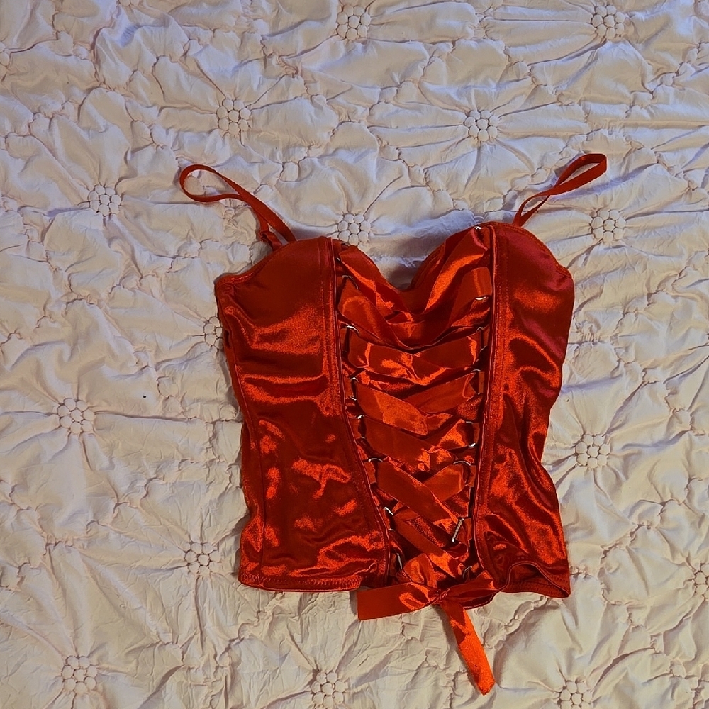 Satin Lace-Up Corset Top - Red